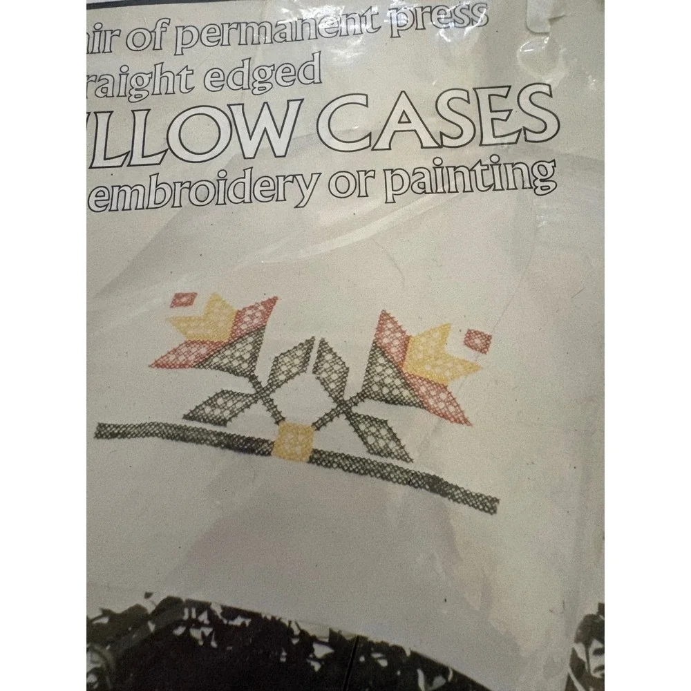 Vogart Crafts Vintage 1980 Stamped Pillowcases Cross Stitch Geometric 8503A Pair